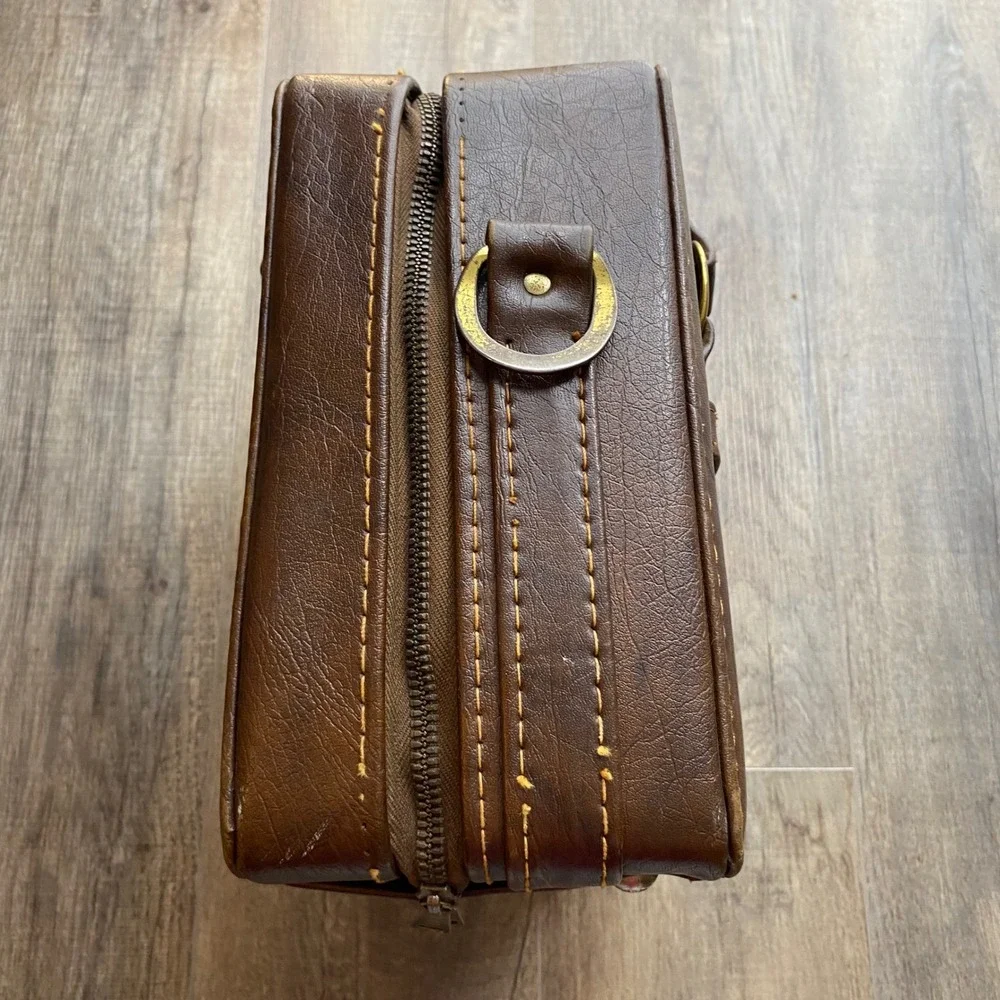 Vintage Brown Faux Leather Briefcase Camera Case Box Bag Brass Hardware Retro
